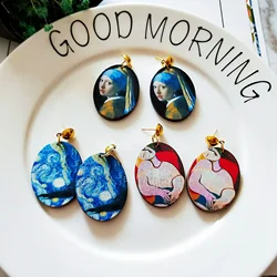 Vintage Renaissance Oil Painting Wood Earrings Girl Portrait Personalize Geometric Oval Wood Art Earrings for Woman Girl Jewelry