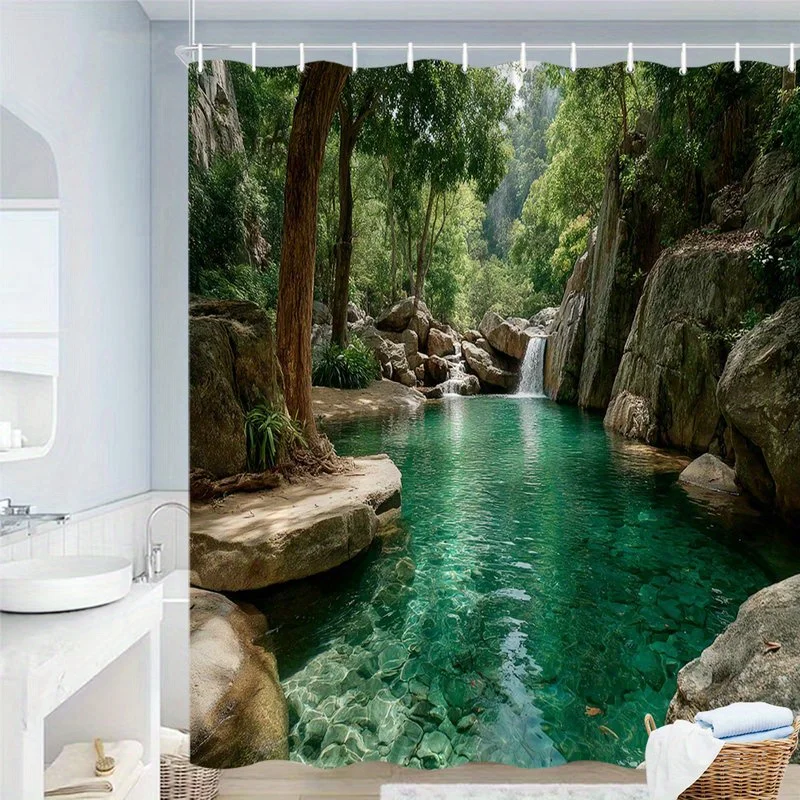 Ultra Realistic Tropical Waterfall Shower Curtain Liner for Bathroom Spa Decor Luxury Waterproof Nature Print Jungle Scene Bath