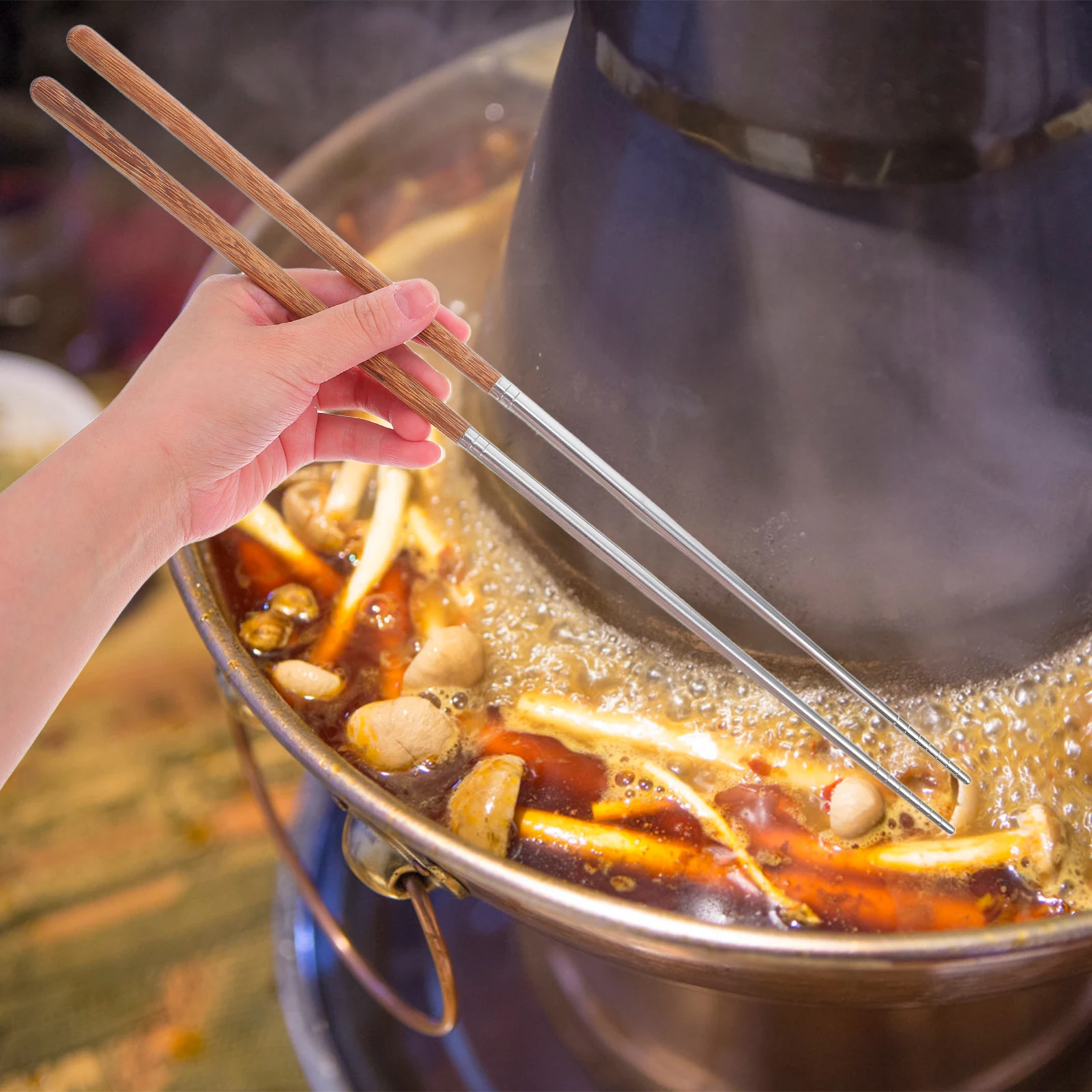 

Long Stainless Steel Wood Chopsticks Frying Noodles Hot Pot Cooking Anti-Slip Heat Resistant Extended Length