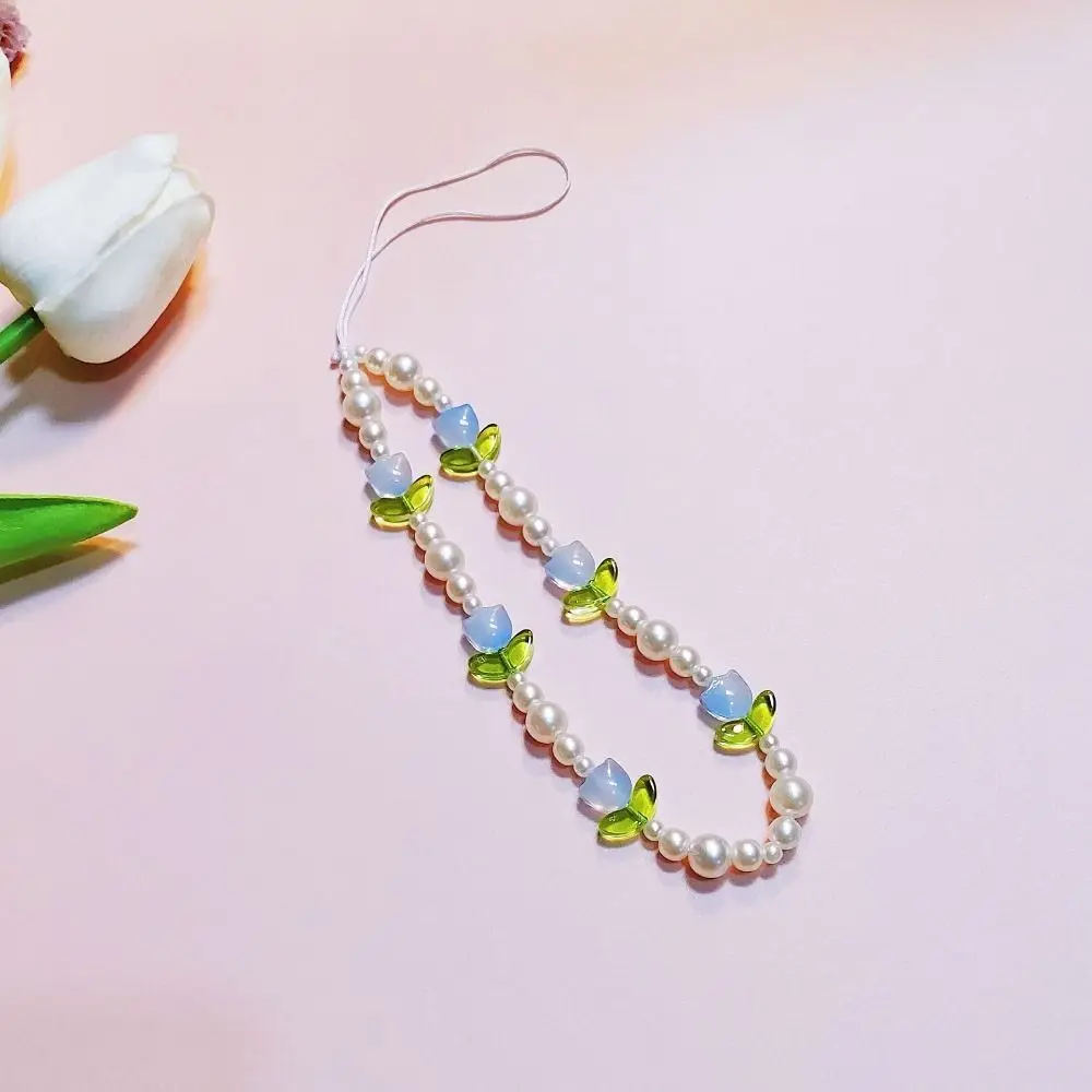 진주 비즈 튤립 비즈 폰 참 스트랩 튤립 글라스 튤립 모바일 폰 체인 짧은 컬러풀 플라워 비즈드 셀폰 스트랩