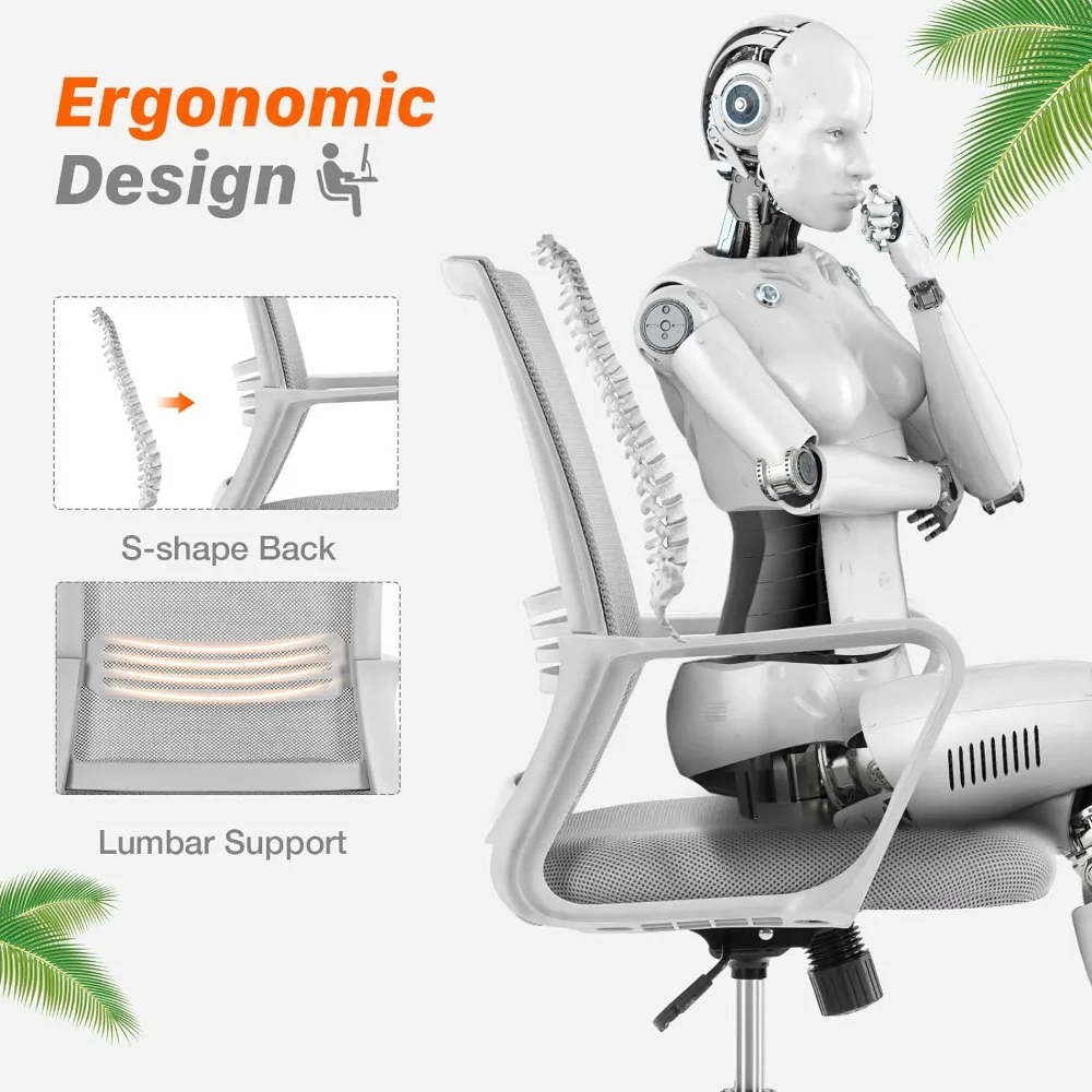 Ergonomische Bureaustoelen In Het Midden Van De Rug Thuis, In Hoogte Verstelbaar, Ademend Gaas, Grijs