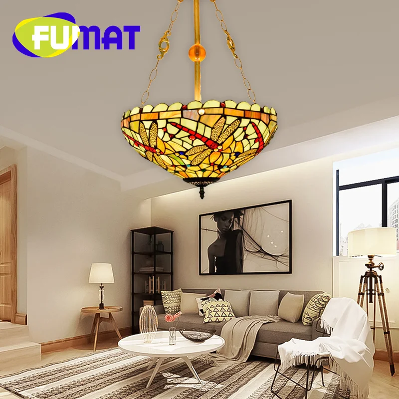 FUMAT Tiffany European-style glass inverted pendant light Art Deco Hotel living room dining room bedroom hanging bowl light