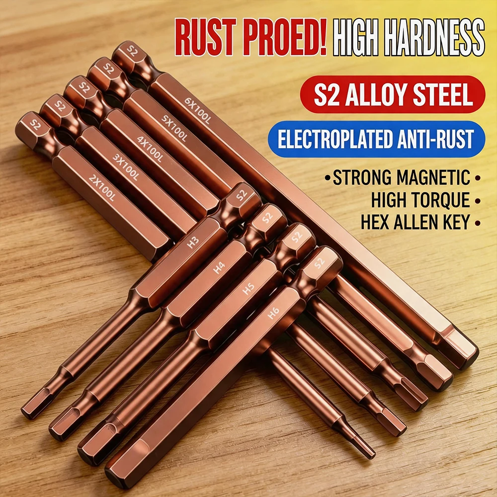 S2 Alloy Steel Hex Allen Screwdriver Bits 100mm 65mm Strong Magnetic High Hardness Anti-rust Hexagonal Drill Bit Set
