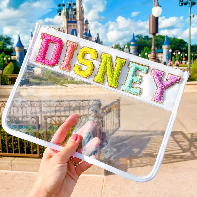 Factory Direct Sell Letter Patch Transparent PVC Cosmetic Bag Clear Travel Make Up Pouches Snacks Organizer Birthday Party Gift