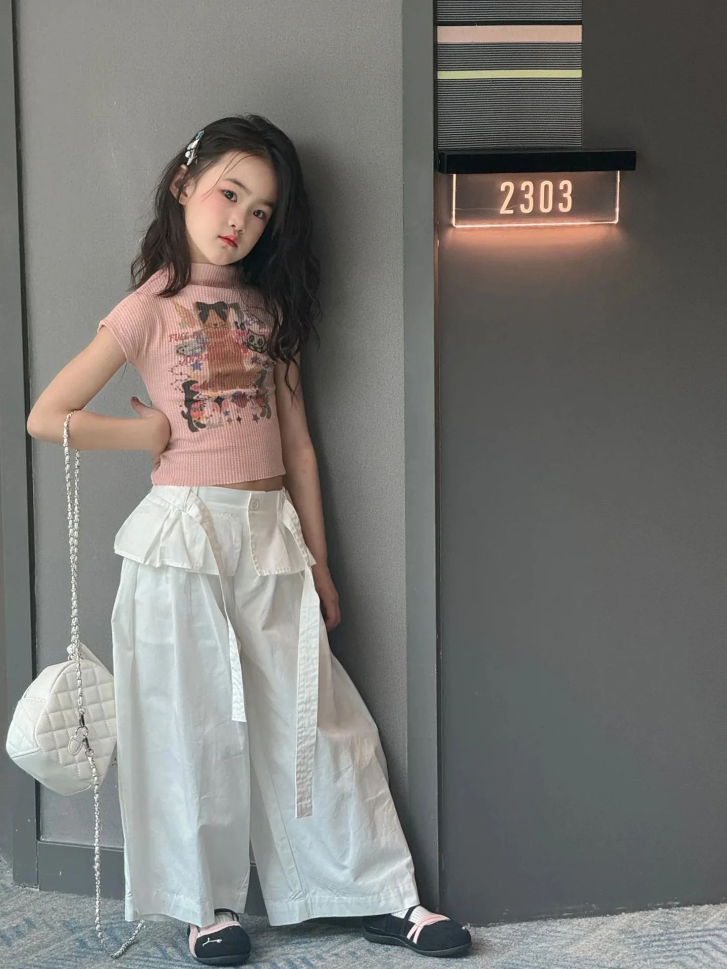 

Girls Short Sleeve Knitted T-Shirt Unique Korean Style Summer Clothes Pink Stand Collar Top for Children Ages 3-14 Casual Wear