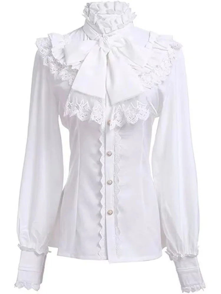 Vintage Blouses Women Stand Neck White Shirt 2025 Camisas De Mujer Patchwork Lace Slim Waist Sweet Bow Fashion Tops Lolita Style