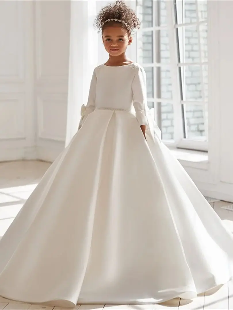 تخصيص الأبيض 3/4 كريستال حزام الاطفال الأولى طويلة الأكمام الساتان زهرة الفتيات فساتين التواصل العباءات ربطة القوس فيونكة منتفخ تنورة طفل #4