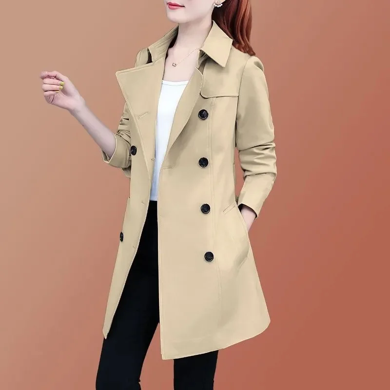 

Women Fashion With Belt Solid Double Breasted Trench Vintage Lapel Neck Long Sleeves Female Chic Lady Outfits