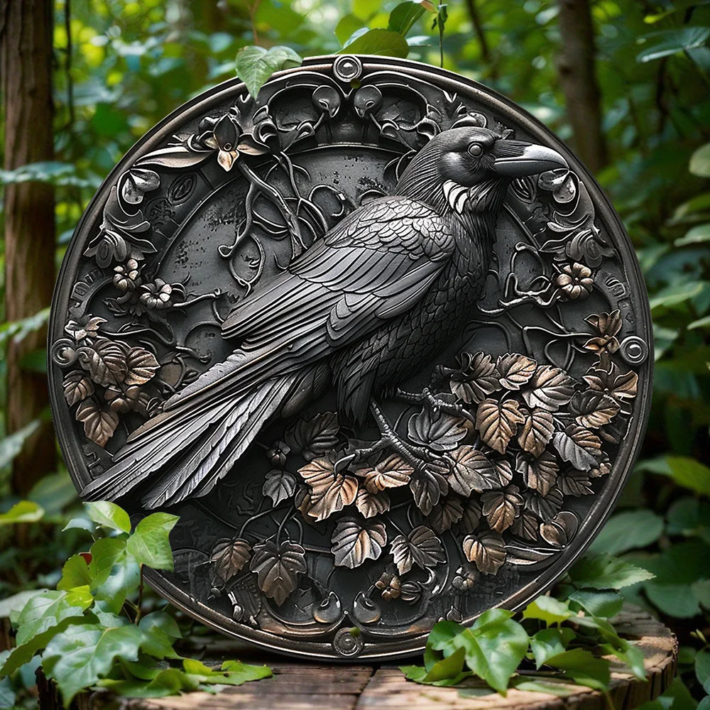 Raven Decorative Aluminum Wall Plaque Outdoor Home Office Garden Farmhouse Art - HD Print, Weather Resistant, Pre-Drilled