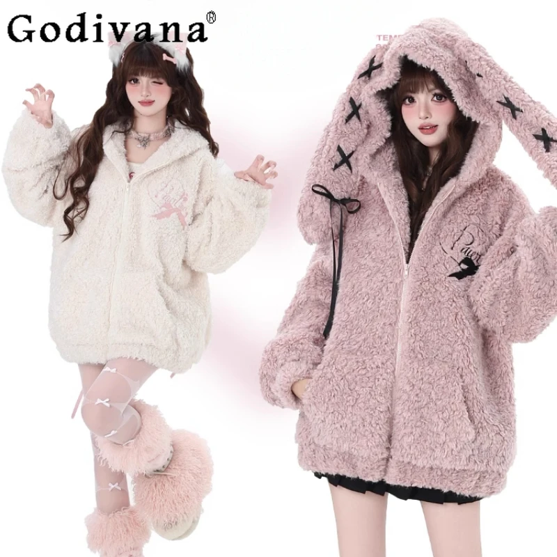 

Original Y2k Kawaii Faux Fur Coat Women's Autumn and Winter New Warm Thickened Rabbit Hooded Pink Fur Jacket Student Jackets