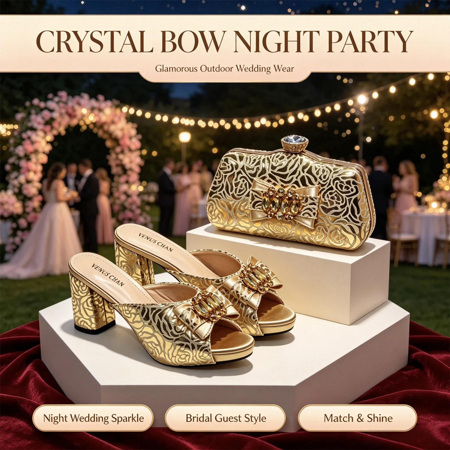 Conjunto de zapatos y bolso de mujer con encaje de satén morado de lujo, tacón de bloque con lazo de pedrería, sandalias abiertas, para bodas, fiestas y eventos nocturnos.
