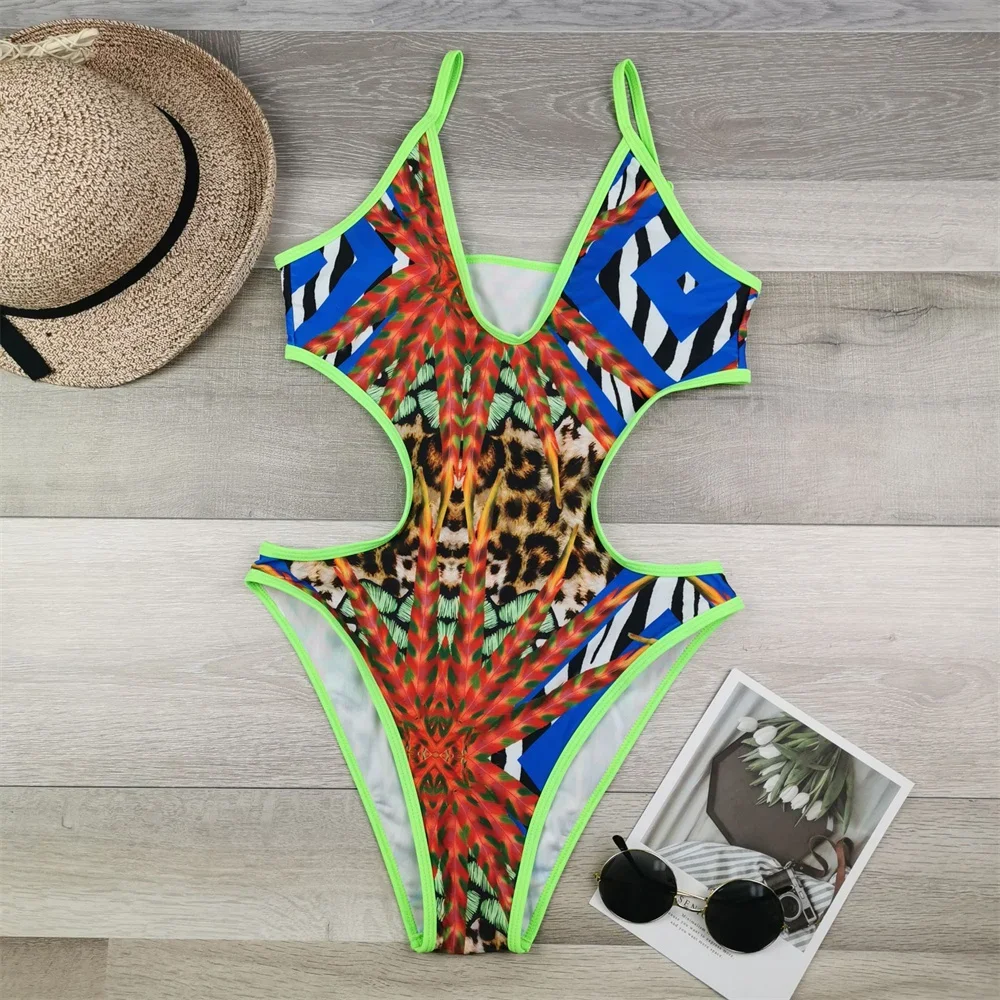 Hot Sexy Print Bikini Uitgesneden Sling Badpak Grens Monokini Vrouwen Vakantie Badmode 1 Stuk Braziliaanse Strand Outfit Badpak