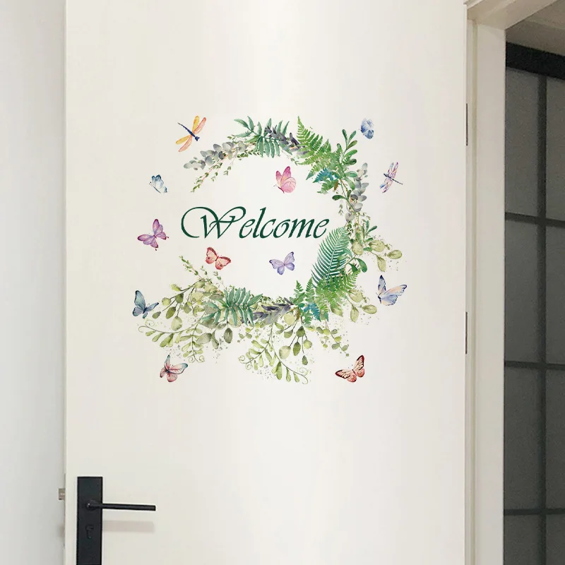 Welcome Door Sticker Green Leaf Butterfly Decal Removable Welcome for Entryway Decor Letters Decorations for Home Shop Glass