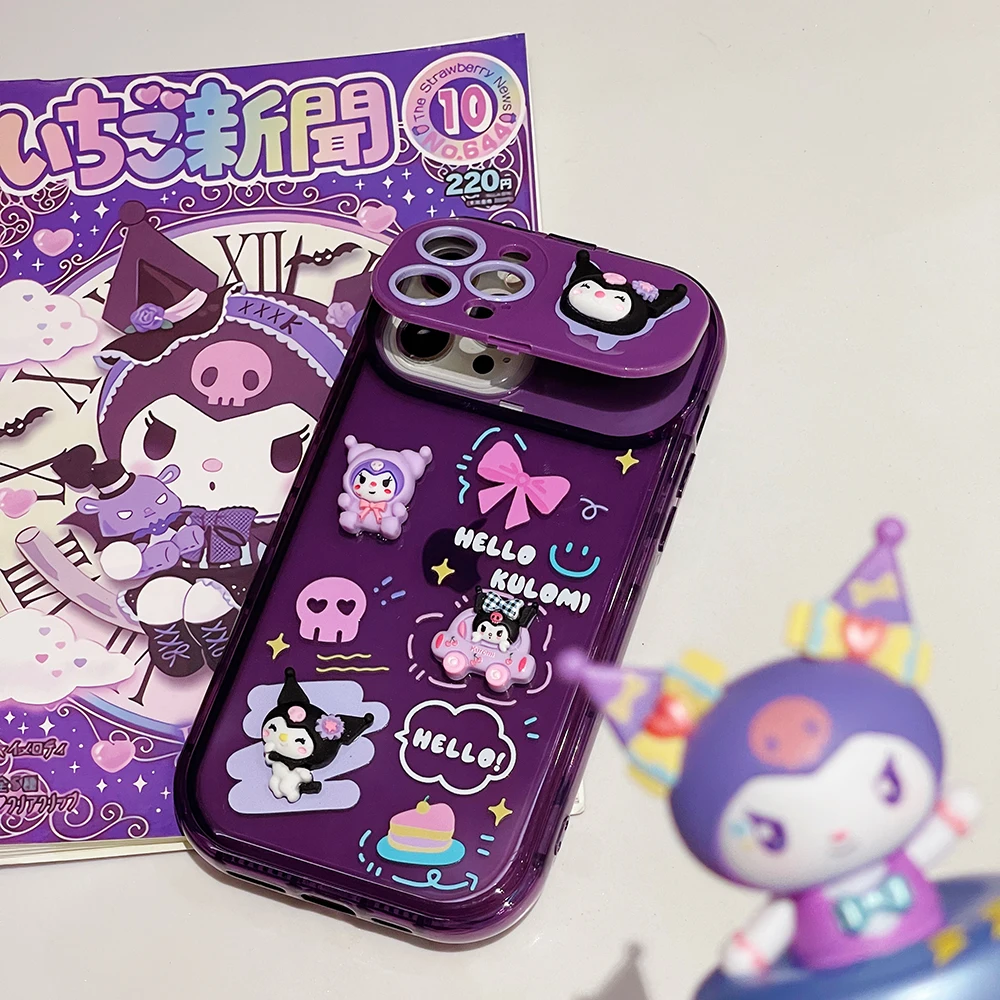 3D Cartoon Kuromi with Mirror Pendant Phone Case for IPhone 15 14 13 12 11 Pro Max X XR XS MAX Plus Anti-fall Back Cover Funda