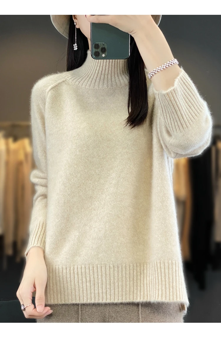 High-Necked Cashmere Sweater for Women, Autumn and Winter, 100% Cashmere, Slit, Lazy Raglan Sweater, Thickened with Soft Waxy Wo