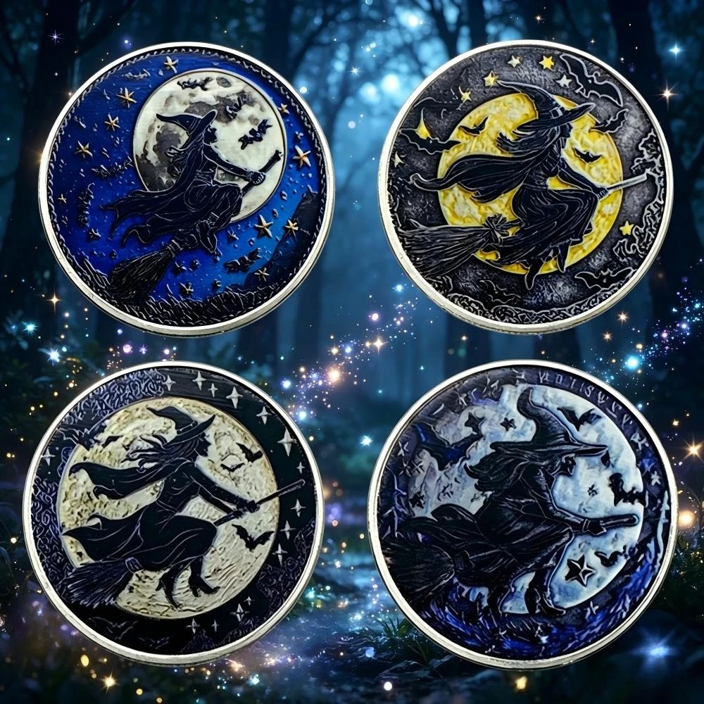 4 Color Design Silver Plated Challenge Coin Halloween Witch on Broomstick Moon Commemorative Coins Gothic Decor Souvenir