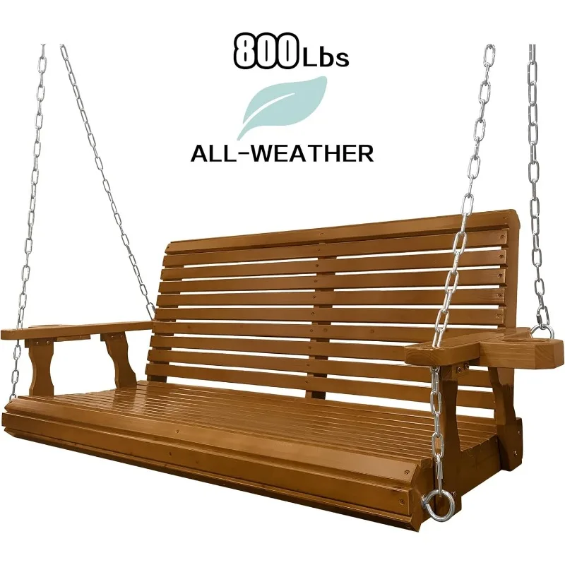 Wooden Porch Swing 2-Seater, Bench Swing with Cupholders, Hanging Chains and 7mm Springs, Heavy Duty 800 LBS