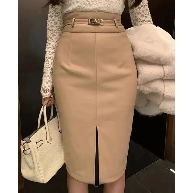Koreanische Sexy Bodycon Schlank Rock Frauen Hohe Taille Gürtel Schlitz Midi Rock Pendler Elegante Solide Klassische Einfache Büro Dame Rock