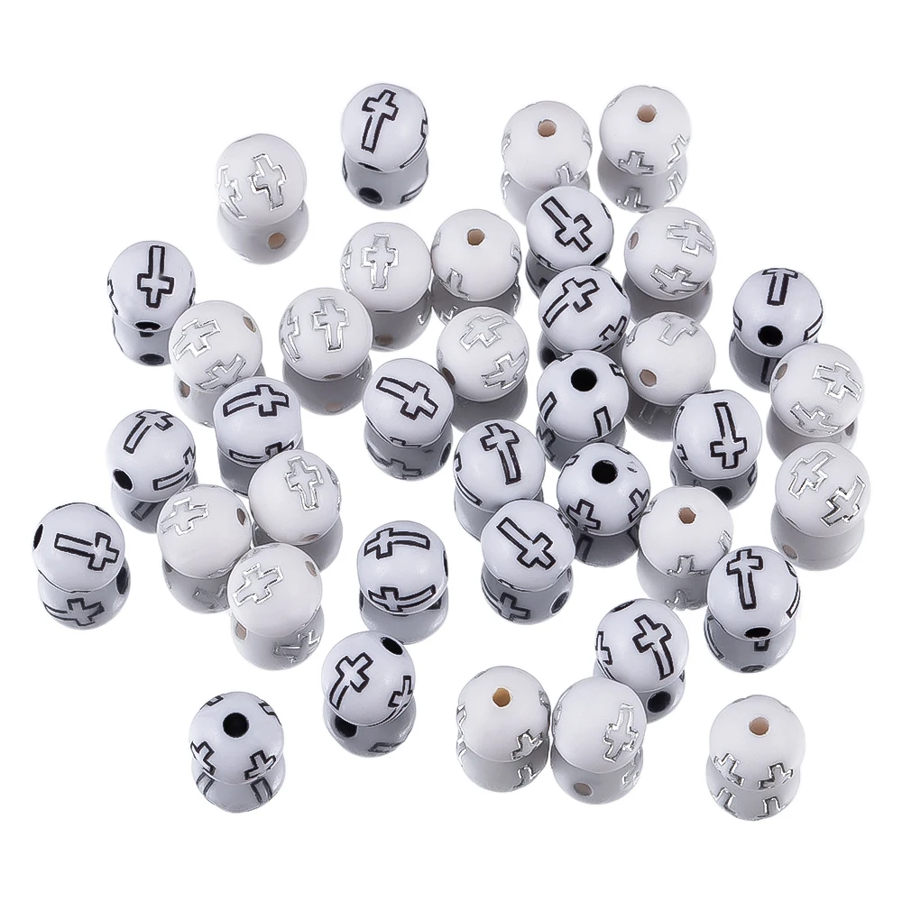 

50Pcs 8mm Cross Printed Acrylic Round Loose Beads Resin Beads Bracelet Connectors For DIY Jewelry Making Accessories Wholesale
