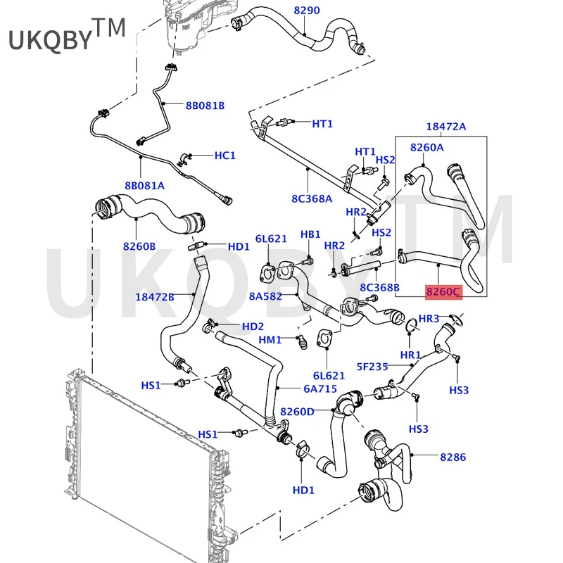 Applicable to La nd Ro ve rF re el an de r 2 Heater pipe Hose assembly - outlet