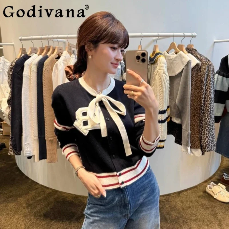 Japanese Sweet Short Knit Cardigan Jacket Spring Autumn 2025 Women's Slim Fit Slim Letter Patch Knit Jacket College Style Coat