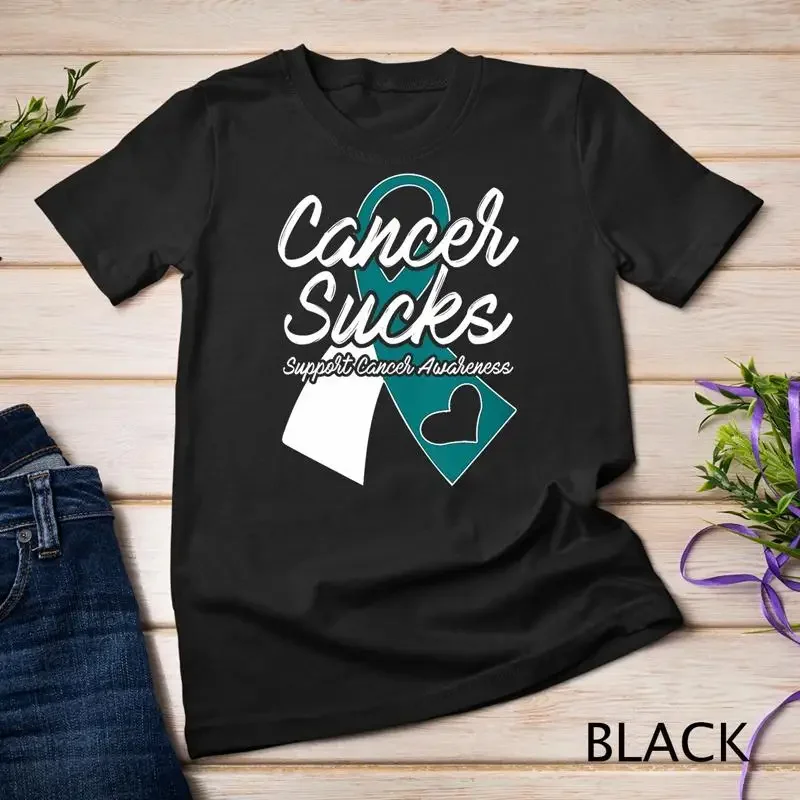 Womens Cervical Cancer Sucks Teal White Support Ribbon Unisex T shirt