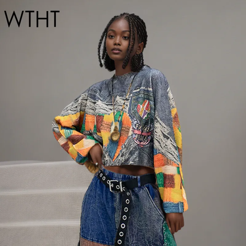 

WTHT Fashion New Women's Contrast Color Print Loose Knit Sweater 2025 Summer Trendy O-neck Long Sleeves Pullovers Female 1LS1690