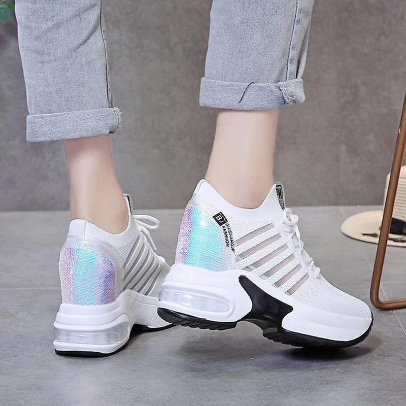 2022 New Women\'s Mesh Invisible Heightening Women\'s Wedge Heel Lace-up Sneakers Fashion Color Matching Women\'s Shoes