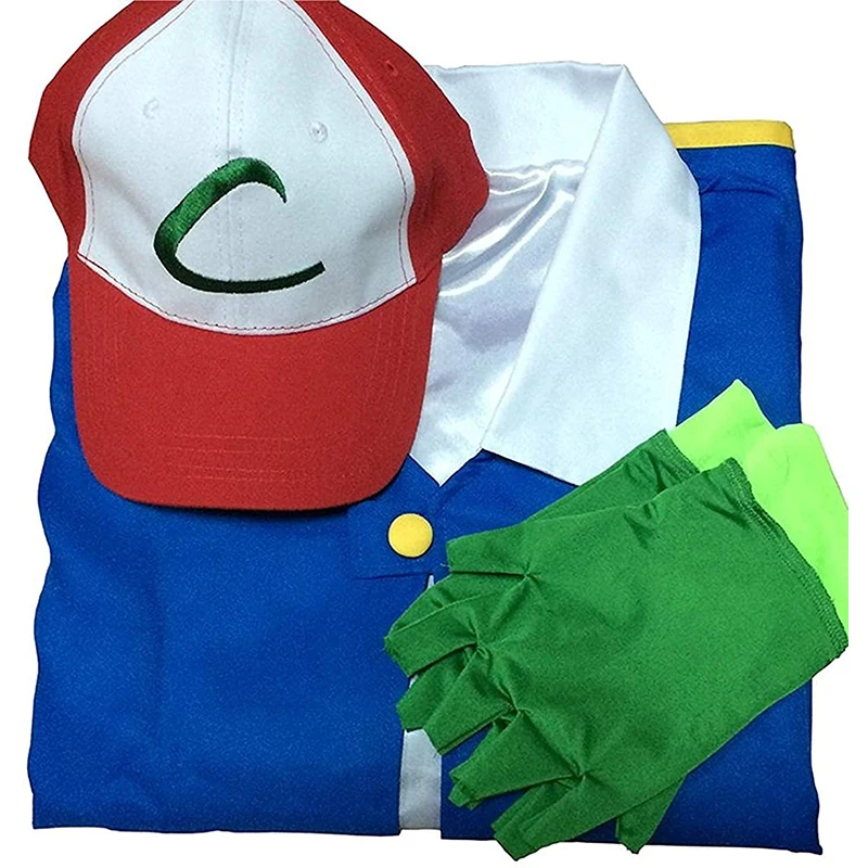 Ash Ketchum-chaqueta azul de Anime para hombre y niña, disfraz de Cosplay, sombrero de entrenador de Halloween, guantes, gorra de béisbol ajustable,