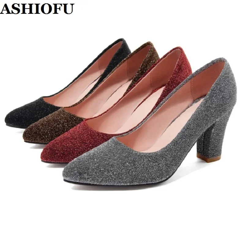 ASHIOFU Womens New Thick High-heeled Shoes Pointed-toe Slip-on Pumps Trending Line Gelitter Shiny Fashion Evening Court Shoes