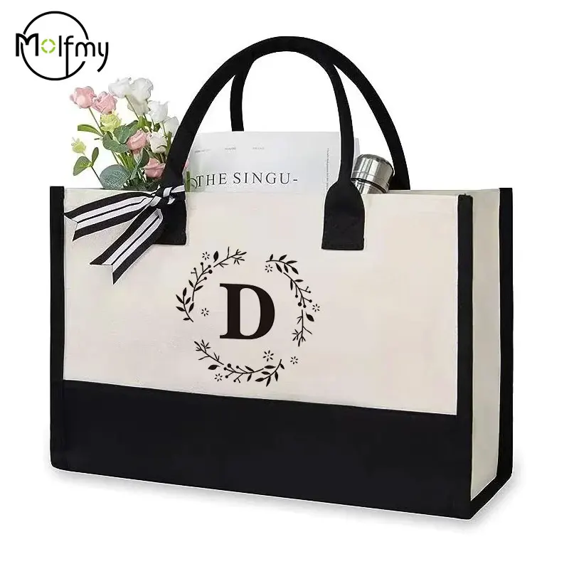 Canvas Tote Bags Letter Beach Bag Birthday WeddingGift Personalized Boutique Business Logo Fashion Big Capacity Shopping Bolsos