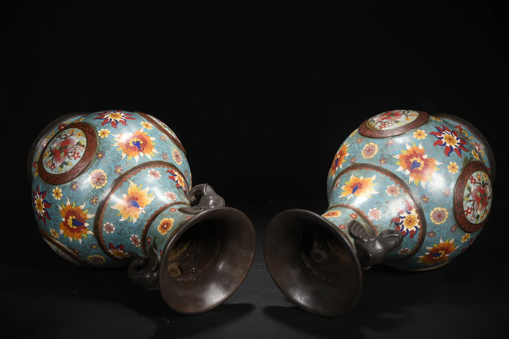 Old Bronze Cloisonne Enamel  Flower Texture Elephant Trunk Ear Bottle Big Belly Vase A Pair Amass Wealth Ornaments