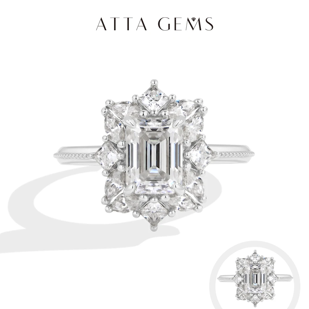 ATTAGEM New Emerald Cut 2CT Moissanite Rings S925 Silver Milgrain Band Starburst Halo Wedding Ring for Women Top Quality Jewelry