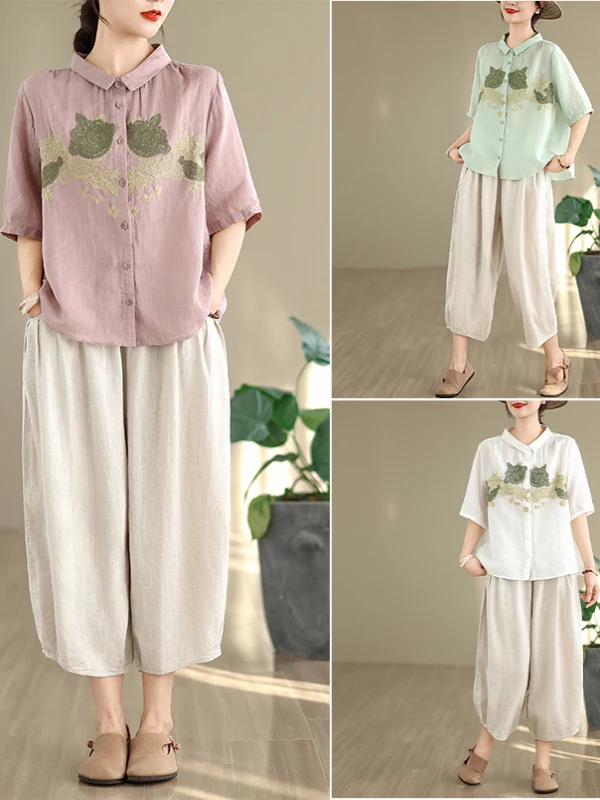 

Лето 2023, новый женский свободный повседневный комплект из хлопка и льна с вышивкой в стиле ретро, большие размеры для похудения