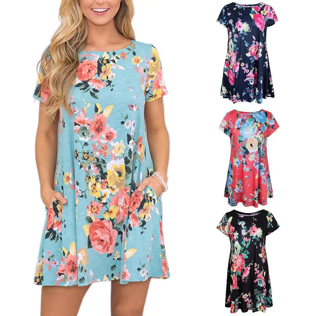 

Women's Floral Printed Round Neck Short Sleeves Loose Swing Mini Dress