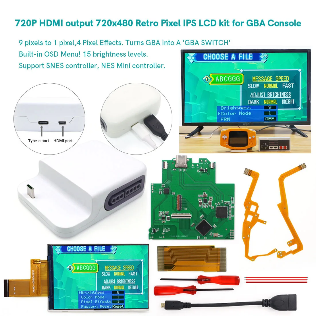 

720x480 Retro Pixel V5 GBA LCD Mod Kits IPS Replacements with 720P HDMI-Compatible Dock Station for Game Boy Advance Play on TV