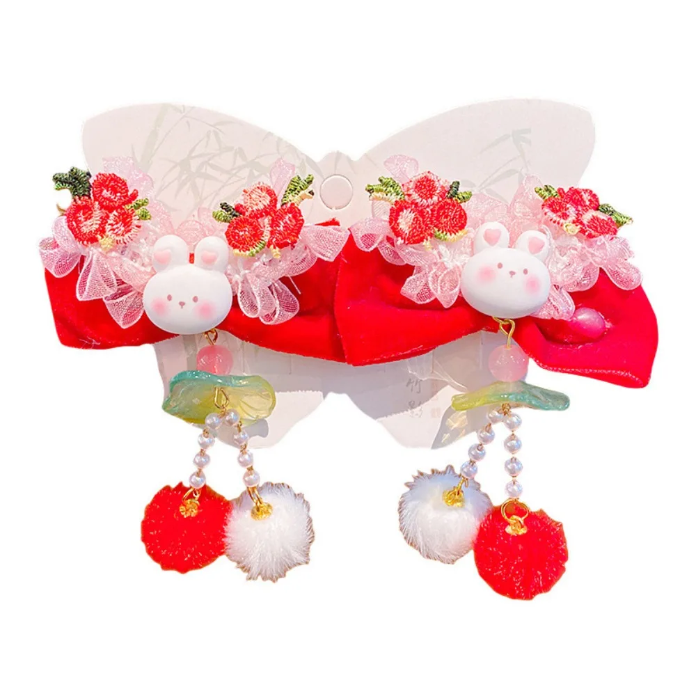 Bowknot Children's New Year Hair Clip Rabbit Red Plush Fringe Hairpin Tassel Hanfu Headwear Chinese Style Barrettes Girls