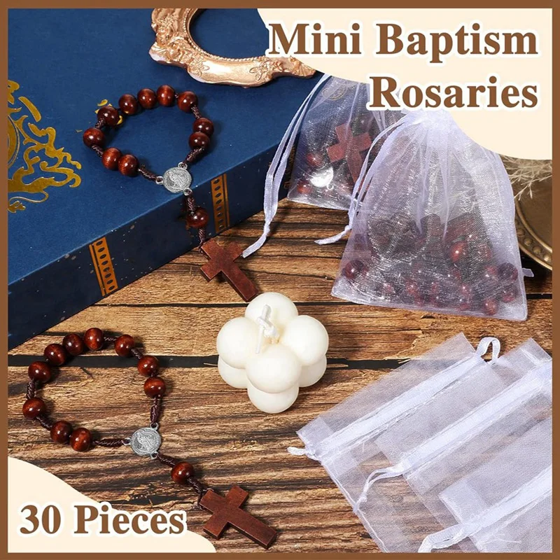 30 Pcs Baptism Rosary Bible Verse Favors Mini Baptism Favors Wood Rosary For First Communion Gift With 30 Organza Bag