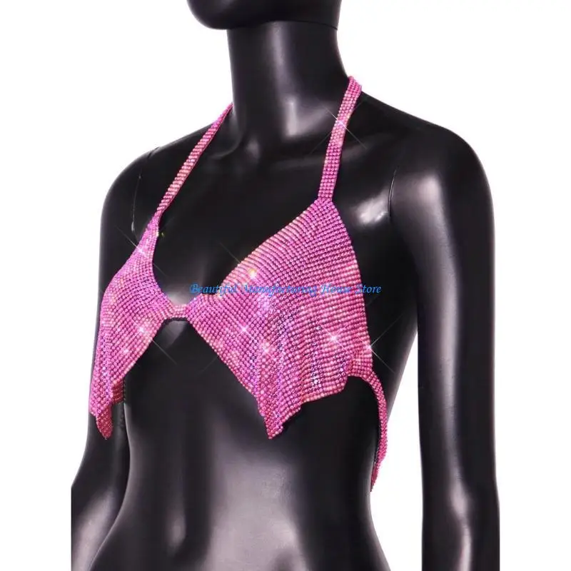 

E56A Sparkly Rhinestones Chain Halterneck Backless Bras for Women Party Festival Club Body Jewelry Crop Top Camisole