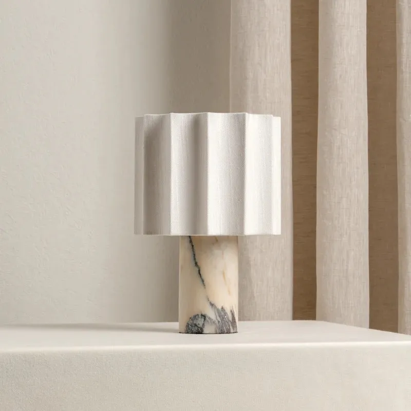 Modern Minimalist Marble Table Lamp With Pleated Fabric Shade For Living Room Bedroom Headboard Bar Touch Control Decor
