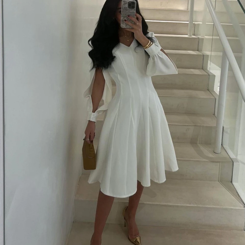 

Qcenkern V-Neck A-Line Evening Formal Saudi Arabia Pleated White Long Sleeves Party Dresses Gowns Women Robes de Soirée 2023