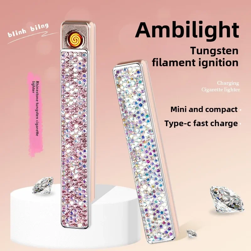 Cute Diamond-encrusted Type-C Fast Charging Mini Cigarette Lighter, Compact and Simple Ins High-looking Lighter, Women's Lighter