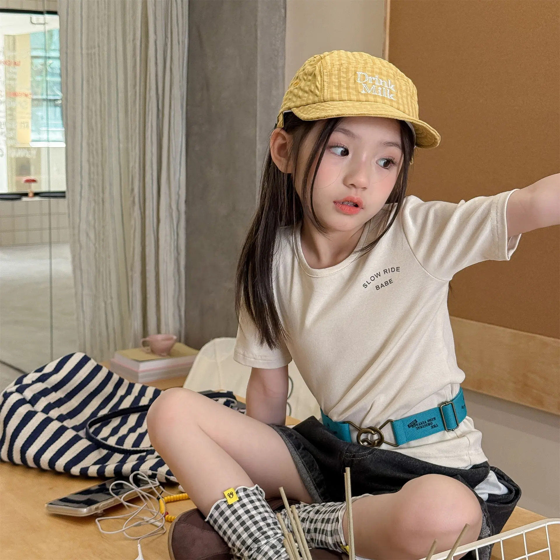 

2026 Summer New Children Short Sleeve T Shirts Boys Casual Tee Baby Girls Letter Print Plaid Tops Cotton Kids Toddler Clothes