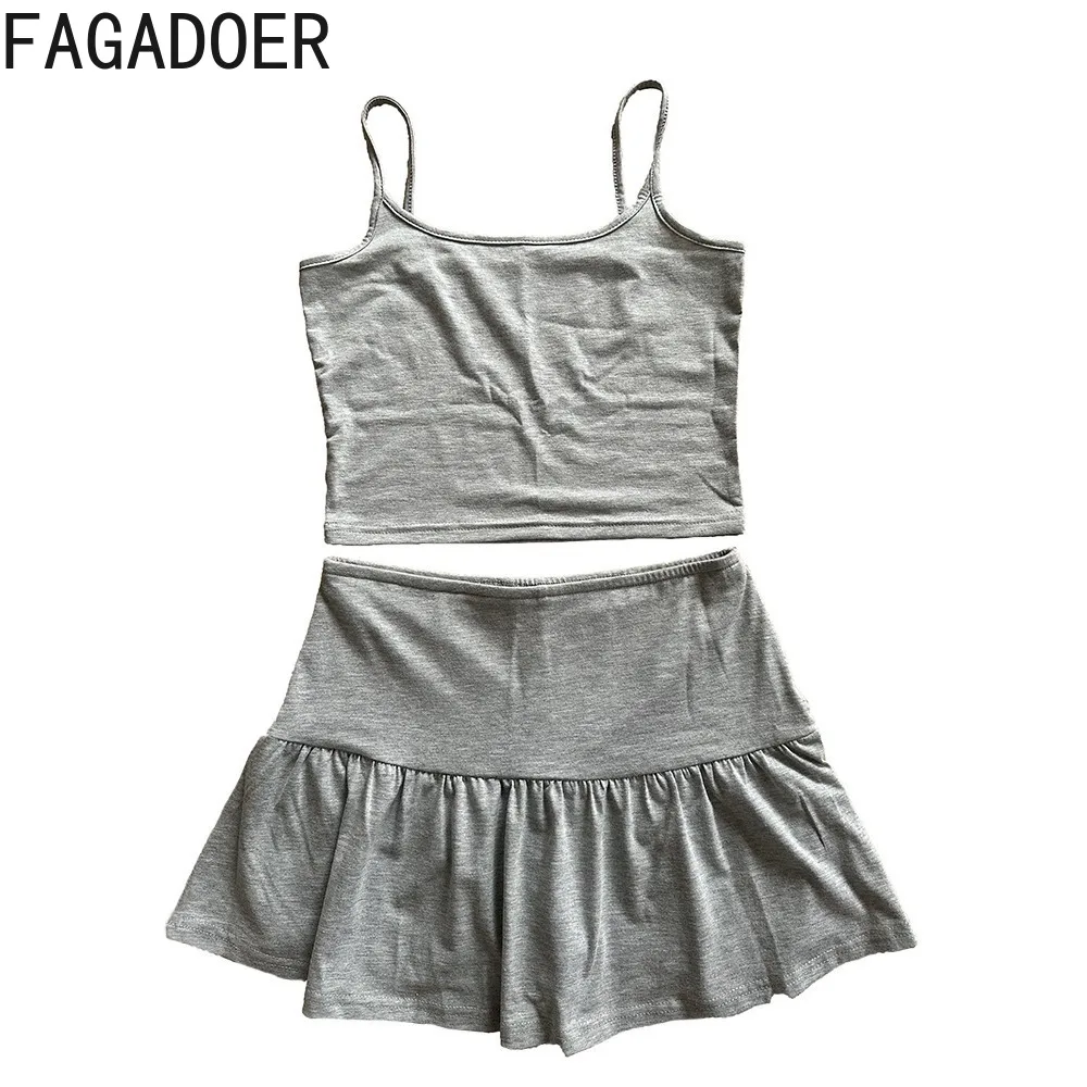 FAGADOER Summer New Sweet Solid Pleat Mini Skirts Two Piece Sets Women Thin Strap Sleeveless Top And Skirts Outfits Streetwear