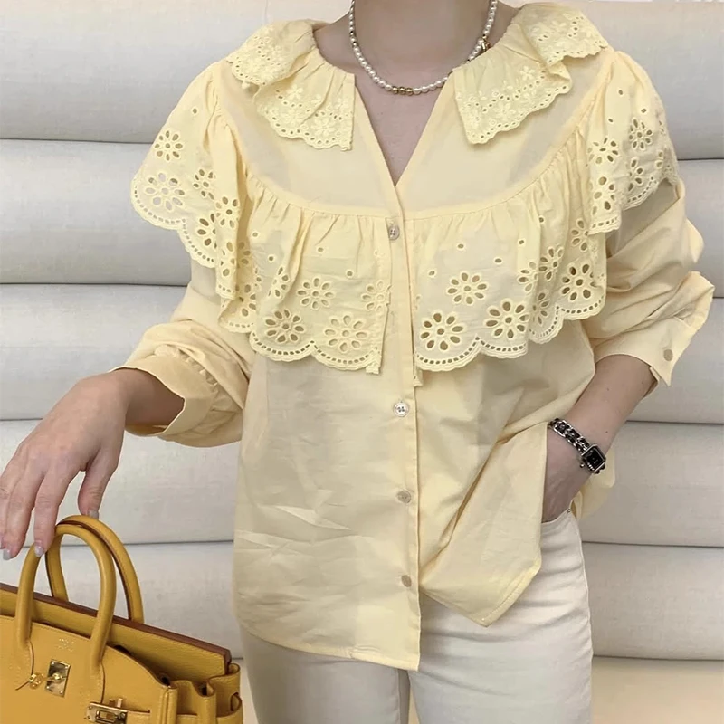 قميص نسائي أنيق بنمط كوري للربيع بأكمام طويلة وياقة دانتيل فضفاضة مع نمط زهور مفرغ وتصميم عصري للعمل