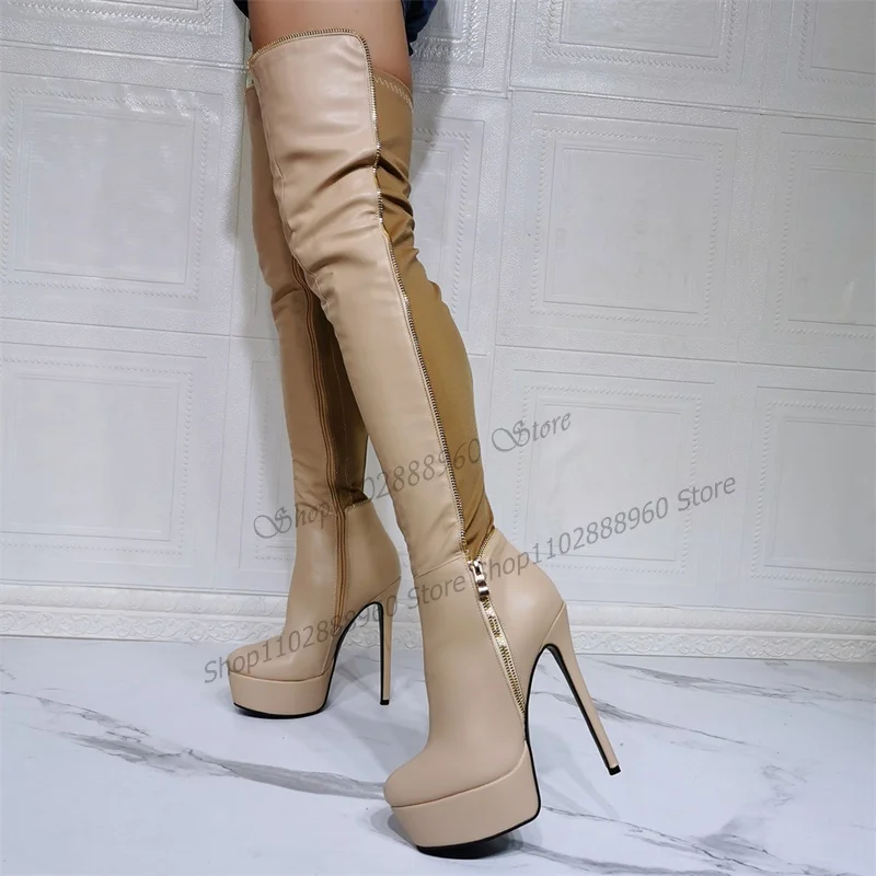 Over The Knee Mixed Color Patchwork Platform Boots Thin High Heel Women Shoes Side Zipper Pointed Toe 2023 Zapatos Para Mujere