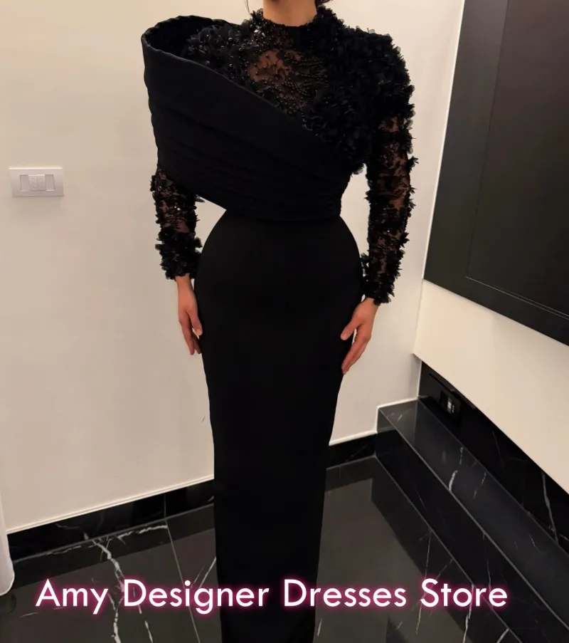 

Black Evening Dresses For Arabic Women 2026 Simple Mermaid High Collar Illusion Wedding Party Dress Prom Gowns Customized