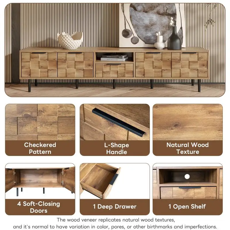 78인치 TV 스탠드 (85인치, 75인치, 65인치 TV용), 거실 엔터테인먼트 센터용 수납 공간이 있는 목재 미디어 콘솔