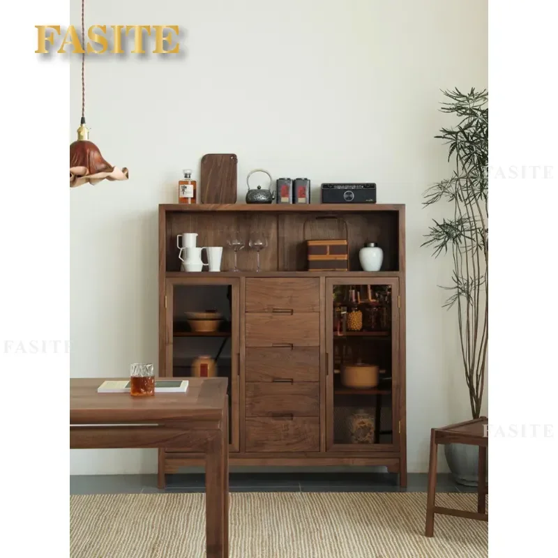 New Chinese Black Walnut Solid Wood Simple Side Cabinet Wine Tea Storage Locker Multi Function