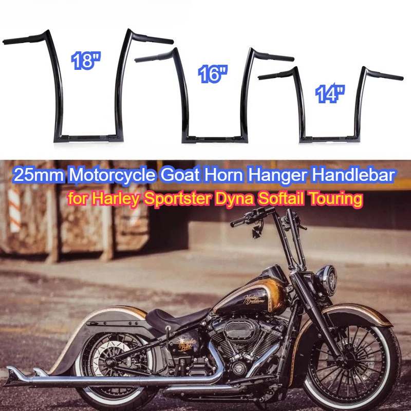 Manillar de Motocicleta de 14'', 16'' y 18'' con Diseño de Cuerno de Cabra para Harley Sportster Dyna Softail Touring, 25 mm, 1''
